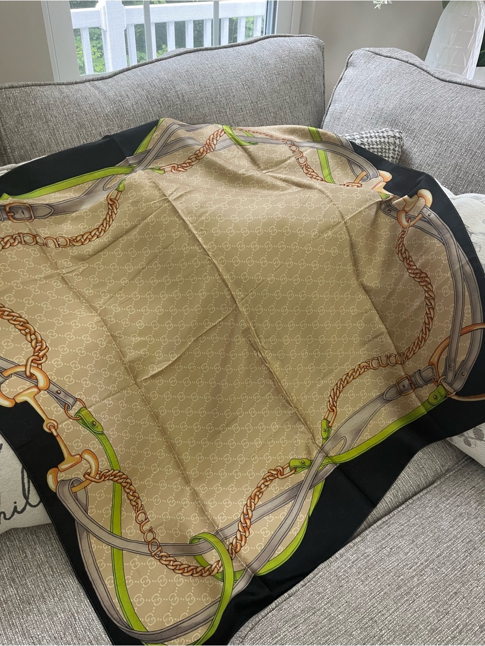 Beige and Black Chain-Print Women's Skirt Scarf Accent